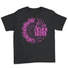 Load image into Gallery viewer, Valentines Day Shirt, Love Never Fails, Bible Verse Quotes Christian - Youth Tee - Black