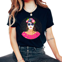 Load image into Gallery viewer, Dia De Los Muertos Shirt, Little Girl Sugar Skull Floral Women - Unisex T-Shirt - Black