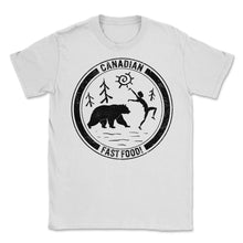 Load image into Gallery viewer, Camping Shirt, Canadian Fast Food Running Man Bear Forest Design Tee, - Unisex T-Shirt - White