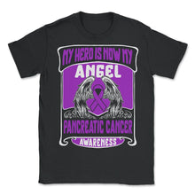 Load image into Gallery viewer, Pancreatic Cancer Shirt, My Hero Is Now My Angel Wings Tee, - Unisex T-Shirt - Black