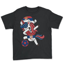 Load image into Gallery viewer, Soccer Girl Dabbing Unicorn Christmas Hat Scarf Serbia Jersey Shirt, - Youth Tee - Black