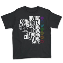 Load image into Gallery viewer, Meditation Shirt, Divine Connected Expressive Love Strong Creative - Youth Tee - Black