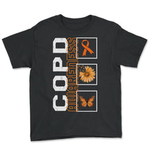 Load image into Gallery viewer, COPD Awareness Shirt, COPD Orange Ribbon Sunflower Butterfly Tee, - Youth Tee - Black