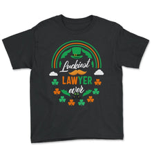 Load image into Gallery viewer, Luckiest Lawyer Ever Shamrock Top Hat St Patricks Day T Shirt - Youth Tee - Black
