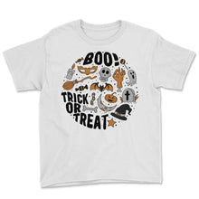 Load image into Gallery viewer, Halloween Costume Shirt, Trick Or Treat Witchy Skull Cute Vintage - Youth Tee - White