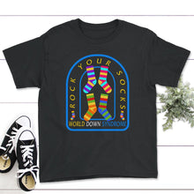 Load image into Gallery viewer, World Down Syndrome Day Shirt, Rock Your Socks Tee, Trisomy 21, - Youth Tee - Black