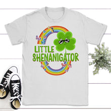 Load image into Gallery viewer, St. Patricks Day Shirt, Little Shenanigator, Boys Girls Irish Lucky - Unisex T-Shirt - White