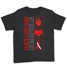 Load image into Gallery viewer, Peace Love Cure Hemophilia T Shirt - Youth Tee - Black