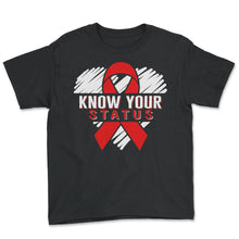 Load image into Gallery viewer, Word Aids Days Shirt, Know Your Status Red Ribbon Tee, HIV Aids - Youth Tee - Black