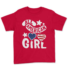Load image into Gallery viewer, 4th Of July Shirt, All American Girl Flag Heart Sunglasses - Youth Tee - Red
