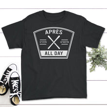 Load image into Gallery viewer, Après All Day Shirt, Retro Skiing Skier Gift, Snowboarding Lover Tee, - Youth Tee - Black