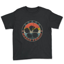 Load image into Gallery viewer, Ohana Means Family Shirt, Hawaii Hibiscus Flower 70s Retro Tee, - Youth Tee - Black