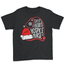 Load image into Gallery viewer, Hospice Shirt, Santa's Favorite Hospice Nurse Santa Hat Tee, - Youth Tee - Black