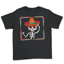 Load image into Gallery viewer, Cinco De Mayo Shirt, Skeleton Calaca Blanket Pocket, May 5th Serape - Youth Tee - Black