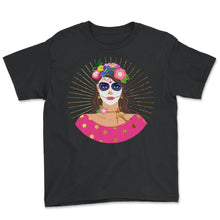 Load image into Gallery viewer, Dia De Los Muertos Shirt, Little Girl Sugar Skull Floral Women - Youth Tee - Black