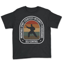Load image into Gallery viewer, Taekwondo Shirt, Indomitable Spirit Courtesy Self Control Tee, Karate - Youth Tee - Black