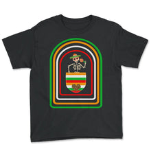 Load image into Gallery viewer, Cinco De Mayo Shirt, Skeleton Calaca Blanket Pocket, May 15 Serape - Youth Tee - Black