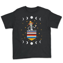 Load image into Gallery viewer, Cinco De Mayo Shirt, Skeleton Calaca Blanket Pocket, May 5th Serape - Youth Tee - Black