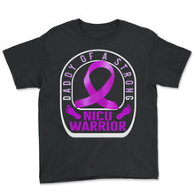 Load image into Gallery viewer, Daddy Of A Strong NICU Warrior Shirt, Strong Baby Preemie Foot Purple - Youth Tee - Black