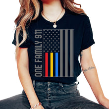 Load image into Gallery viewer, Dispatcher Shirt, One Family 911 USA Flag Red Yellow Blue Line Tee, - Unisex T-Shirt - Black