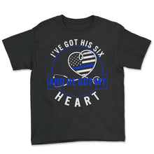 Load image into Gallery viewer, Patriotic Shirt, I've Got His Six And He Got My Heart USA Flag Thin - Youth Tee - Black