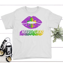 Load image into Gallery viewer, Mardi Gras Shirt, Adult Mardi Gras Tee, New Orleans Gift, Womens Lips - Youth Tee - White