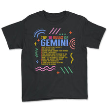 Load image into Gallery viewer, Zodiac Sign Shirt, Top 10 Rules Of Gemini Tee, Horoscope Astrology - Youth Tee - Black