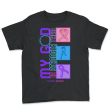 Load image into Gallery viewer, Thyroid Cancer Awareness Shirt, My God Is Stronger Than Thyroid - Youth Tee - Black