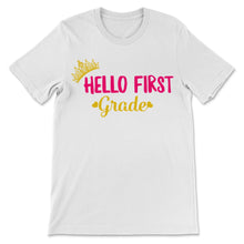 Load image into Gallery viewer, Hello First Grade Student Teacher Colorful Back To School Gold Crown