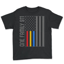 Load image into Gallery viewer, Dispatcher Shirt, One Family 911 USA Flag Red Yellow Blue Line Tee, - Youth Tee - Black