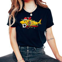 Load image into Gallery viewer, Christmas Shirt, Santa Shark Soccer Jersey Football Lights Spain Tee, - Unisex T-Shirt - Black