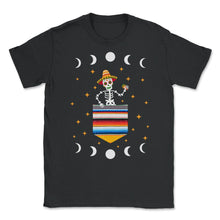 Load image into Gallery viewer, Cinco De Mayo Shirt, Skeleton Calaca Blanket Pocket, May 5th Serape - Unisex T-Shirt - Black