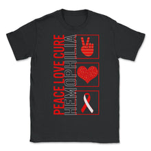 Load image into Gallery viewer, Peace Love Cure Hemophilia T Shirt - Unisex T-Shirt - Black