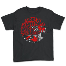Load image into Gallery viewer, Christmas Shirt, Merry Fishmas And Happy New Deer Tee, Fisherman - Youth Tee - Black