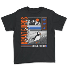 Load image into Gallery viewer, Kenai Fjords National Park Shirt, Alaska Park Since 1980, Puffin Bird - Youth Tee - Black