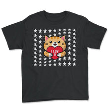 Load image into Gallery viewer, Valentines Day Shirt, I Luv U Cute Cat Heart Valentines Tee, - Youth Tee - Black
