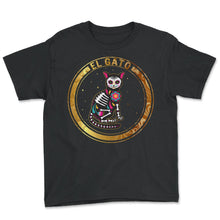 Load image into Gallery viewer, Dia De Los Muertos Shirt, El Gato Cat Sugar Skull Floral Tee, Dead - Youth Tee - Black