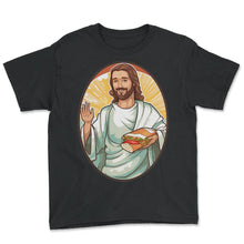 Load image into Gallery viewer, Jesus Snuggling Sushi T Shirt, Christian Foodie Humor, Pop Culture Tee - Youth Tee - Black
