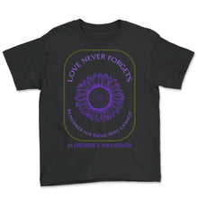 Load image into Gallery viewer, Alzheimer's Disease Awareness Shirt, Love Never Forgets Purple
