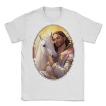 Load image into Gallery viewer, Jesus Snuggling Unicorn T Shirt, Christian Fantasy Humor, Magical Pop - Unisex T-Shirt - White
