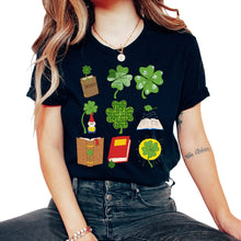 Load image into Gallery viewer, Book Shirt, Nine Four Leaves Clover Botanical Book Reading Gnomes Tee - Unisex T-Shirt - Black
