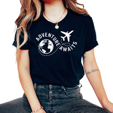 Load image into Gallery viewer, Adventure Shirt, Adventure Awaits Airplane Globe Tee, World Map Plane
