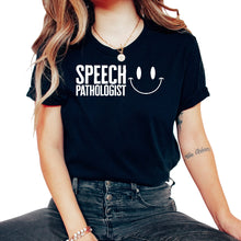 Load image into Gallery viewer, Speech Therapist Shirt, Speech Pathologist Happy Smiley Pocket Tee,
