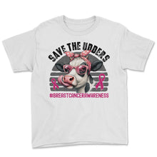 Load image into Gallery viewer, Save The Udders Breast Cancer Awareness Cow Heifer Highland T Shirt - Youth Tee - White
