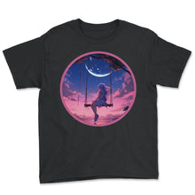 Load image into Gallery viewer, Moon Swing Anime Girl Vaporwave Neon Night Sky Indie Aesthetic T Shirt - Youth Tee - Black
