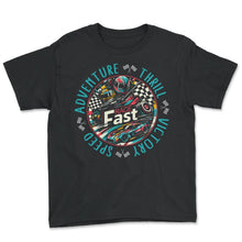 Load image into Gallery viewer, Racing Shirt, Race Fast Adventure Thrill Victory Checkered Flag Tee, - Youth Tee - Black
