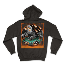 Load image into Gallery viewer, Halloween Sweatshirt, Dino Skeleton Tee, Pumpkin - Hoodie - Black
