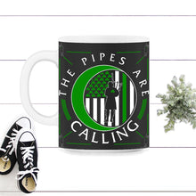 Load image into Gallery viewer, St. Patricks Day Shirt, The Pipes Are Calling, Irish Lucky Music - 11oz Mug - Black on White
