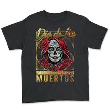Load image into Gallery viewer, Dia De Los Muertos Shirt, Garbancera Catrina Flores Floral Skull - Youth Tee - Black
