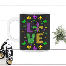 Load image into Gallery viewer, Mardi Gras 2022 Shirt, I Love Mardi Gras, New Orleans Gift, Womens - 11oz Mug - Black on White
